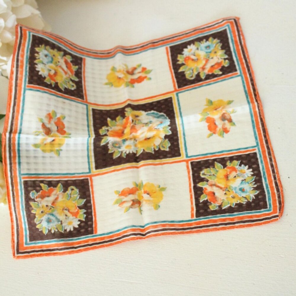 Vintage Handkerchief, Autumn Wildflower Floral Print Cotton Hankie